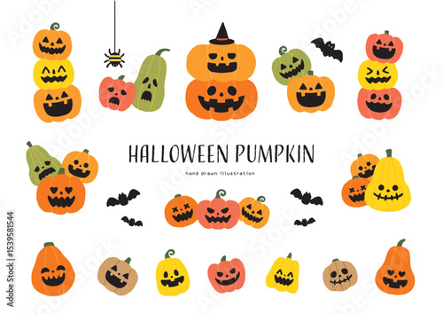 Cute Hand Drawn Halloween Pumpkin Set Vector Illustration