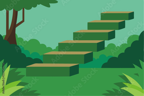 Green steps leading upward in a lush garden