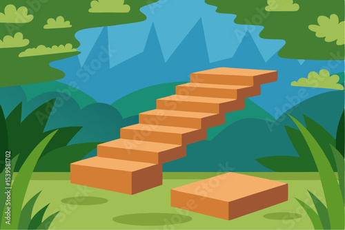 Wooden steps leading to lush green landscape