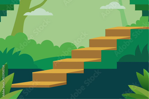 Stone steps leading into a lush green forest
