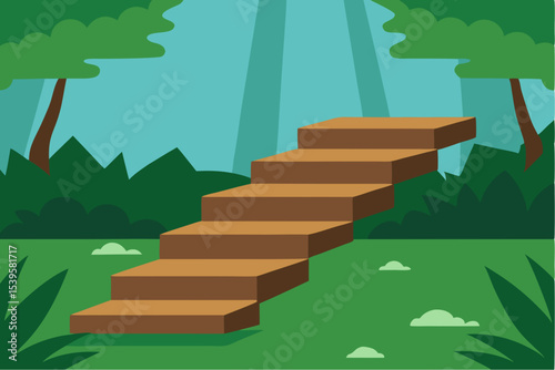 Wooden steps leading into a lush green forest