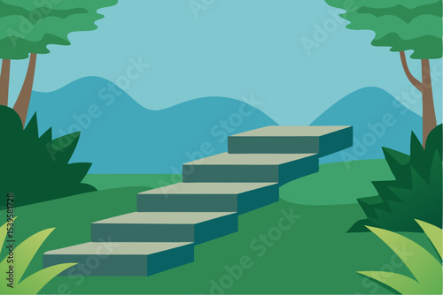 Stone steps leading to mountain view in lush green landscape