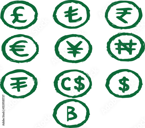Hand drawn International Currency Symbols in Brush Circle Icons Set