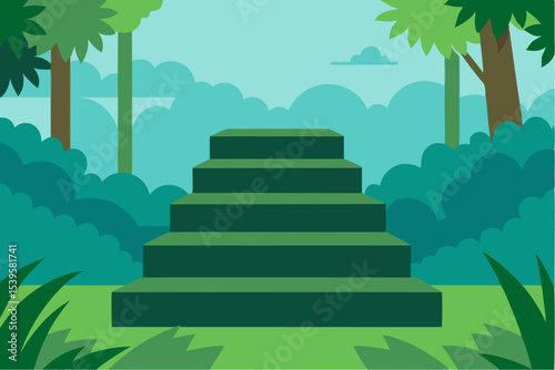 Green steps in lush tropical landscape