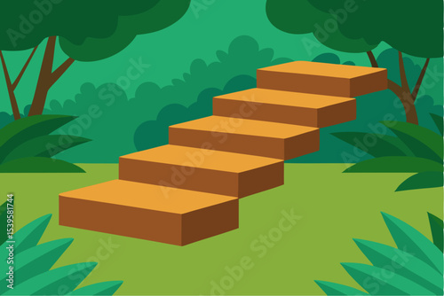 Wooden steps leading into lush green forest