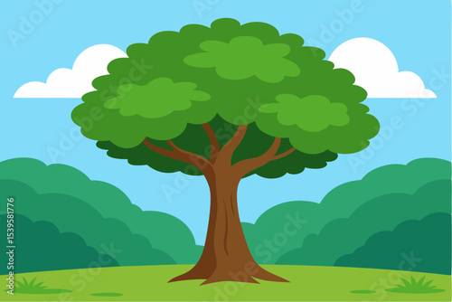 Single green tree in a lush green landscape