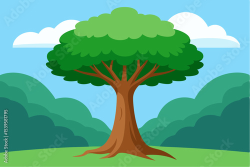 Single green tree in a lush green landscape