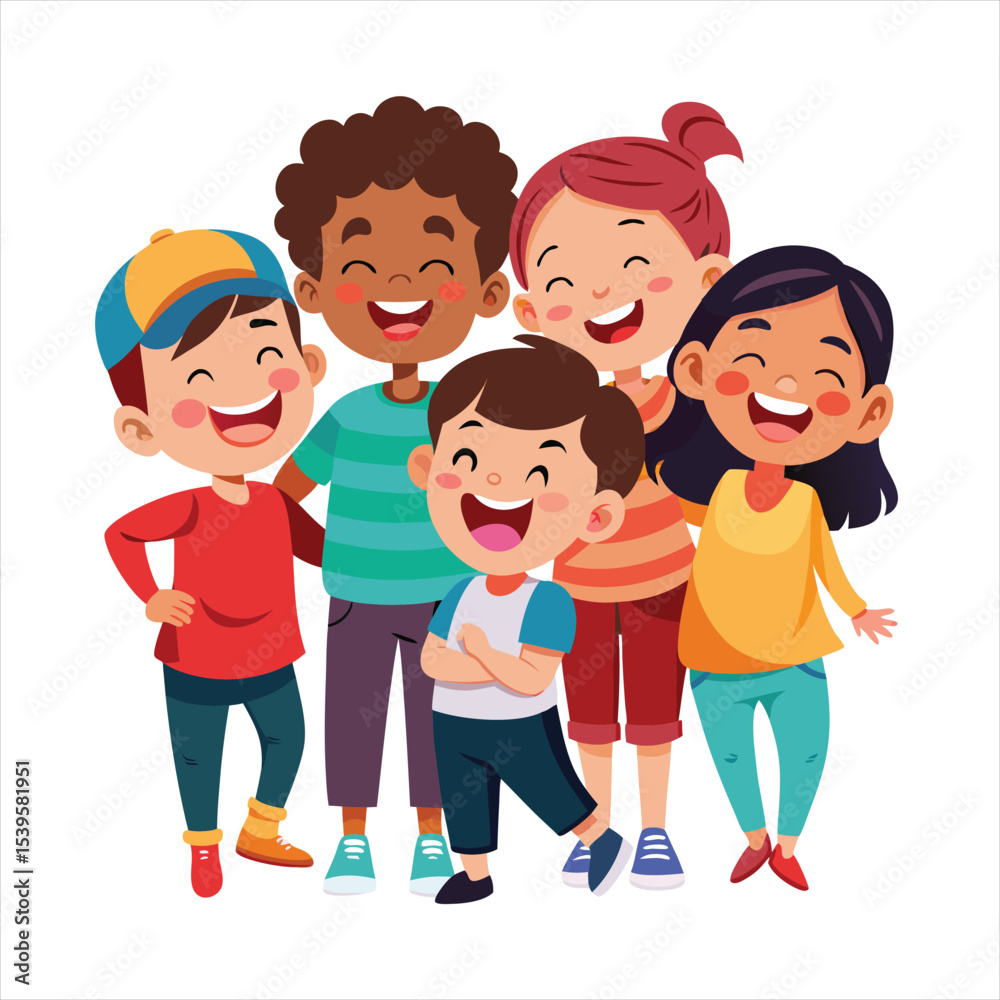 Diverse Group of Happy Cartoon Kids Learning and Entertaining Illustration Diverse Group of Happy Cartoon Kids Learning and Entertaining Illustration