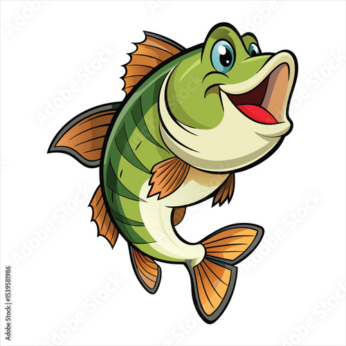 Happy Cartoon Bass Fish with Open Mouth and Big Eyes Illustration