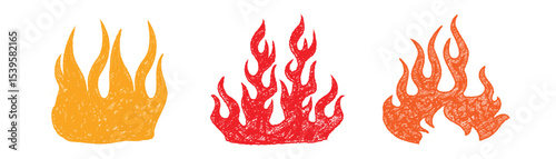Crayon drawn red fire flames icons collection. Fire flame icon. Crayon vector logo. Hot fire on white background. Flame simple illustration. Graphic heat symbol. Hand drawn doodle flames stickers.