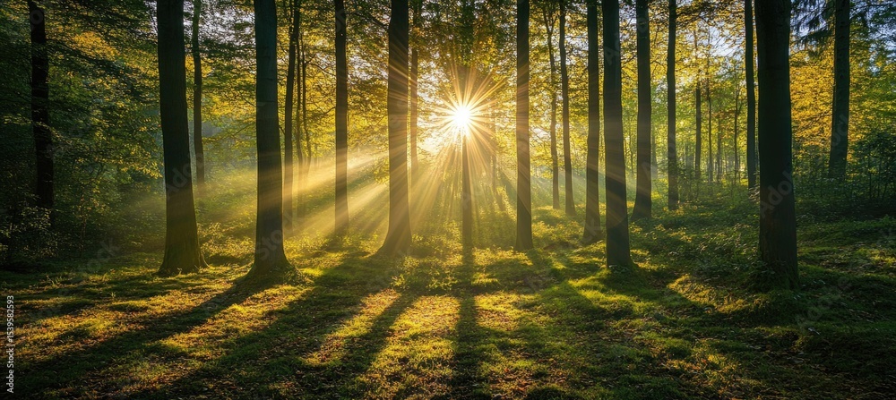 Fototapeta premium Sunlight streams through a dense forest (6)