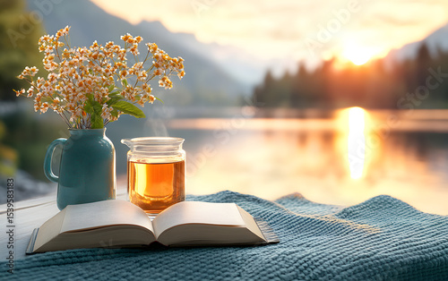 tea with book and sunset background