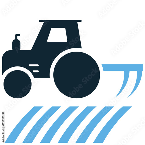 Tractor plowing icon vector illustrating land preparation for cultivation. Perfect for concepts of soil turning, seedbed preparation, agricultural work, and farm productivity.