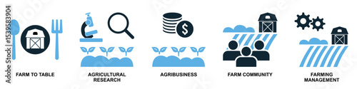 Set agriculture farming icon vector for various aspects of cultivation, livestock, and rural life. Ideal for agricultural businesses, food production, and sustainable development themes.	
