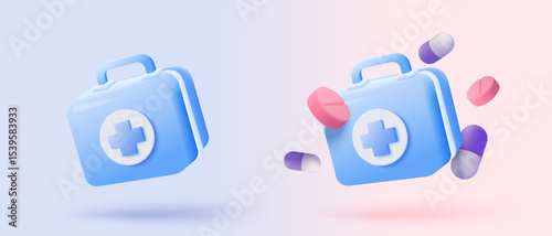3d first aid medicine box with plus icon. Vaccination medical equipment, emergency pack, hospital or ambulance safety bag. medical pharmacy medicament. 3d medicine cure icon vector render illustration