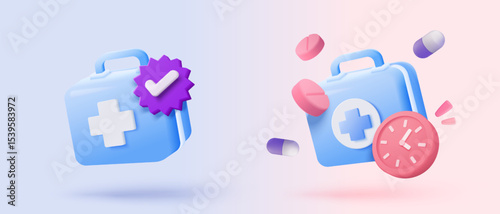 3d first aid medicine box with plus icon. Vaccination medical equipment, emergency pack, hospital or ambulance safety bag. medical pharmacy medicament. 3d medicine cure icon vector render illustration