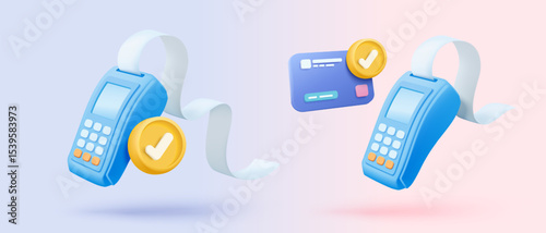 3D bill payment with credit card and financial for online shopping, payment credit card with alert notification. Invoice transaction with credit card reader. 3d receipt vector icon render illustration