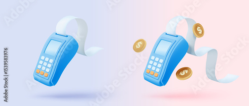 3D bill payment with credit card and financial for online shopping, payment credit card with alert notification. Invoice transaction with credit card reader. 3d receipt vector icon render illustration