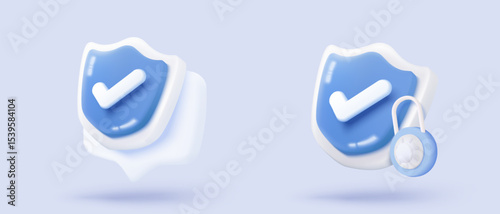 3D shield protection icon with check mark for online payment safety concept. Check mark, correct in minimalist style. 3d quality guarantee icon vector render illustration