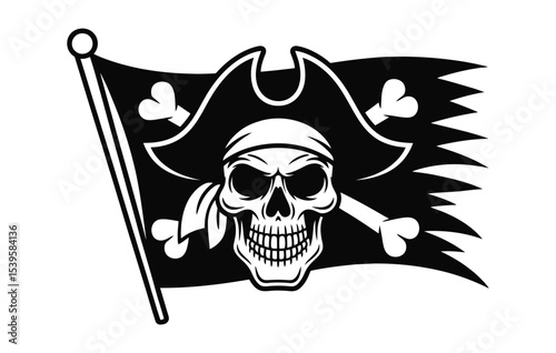 Monochrome pirate skull with bandana and jolly roger flag vector illustration isolated on white for design use

