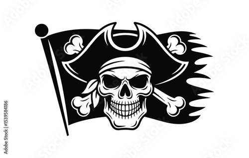Monochrome pirate skull with bandana and jolly roger flag vector illustration isolated on white for design use

