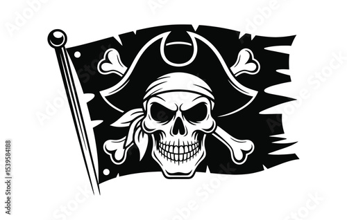 Monochrome pirate skull with bandana and jolly roger flag vector illustration isolated on white for design use

