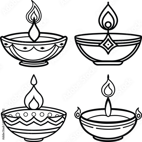 Set of lamps for Indian holiday Diwali (Festival of lights) on white background
