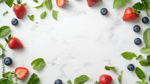 Fresh Summer Berries and Mint Leaves Arranged on Marble Surface for Background