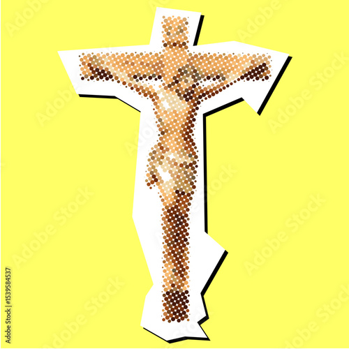 Crucified Jesus dotted collage element in a torn paper vector, created with pointillism. A unique, artistic depiction for religious themes, Easter, spirituality, and historical events.