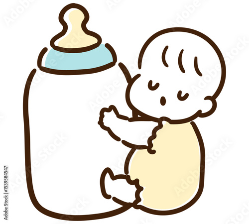 哺乳瓶を抱えて眠るかわいい赤ちゃんのデフォルメイラスト