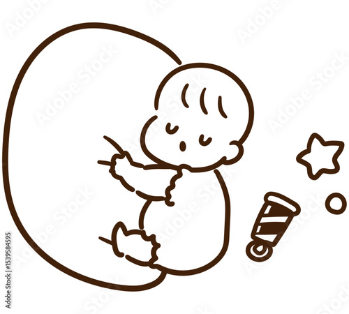 クッションを抱きしめて眠るかわいい赤ちゃんのデフォルメモノクロイラスト