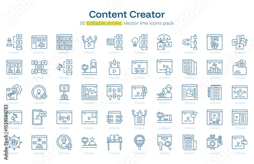 Content Creator line icon pack. Content Creator Stroke icon set. Editable Stroke icon