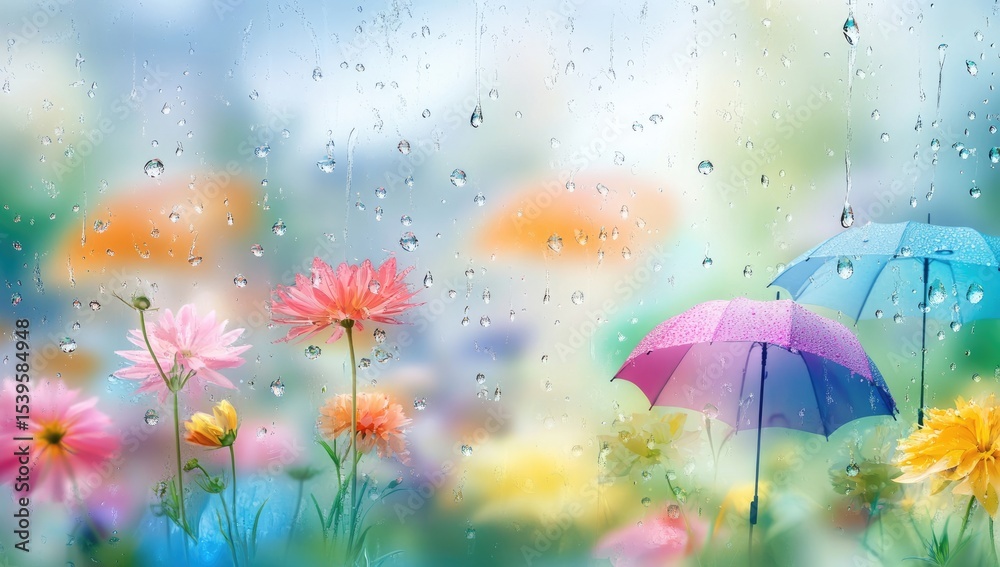 Fototapeta premium Colorful flowers and umbrellas seen through rainy window