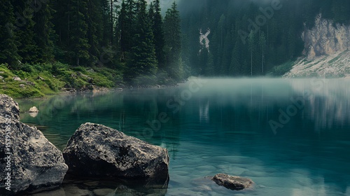 Misty morning at serene lake surrounded by dense forest and large rocks