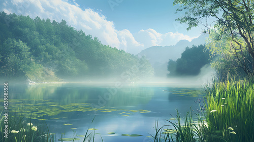 Misty lake surrounded by lush forests under clear blue sky