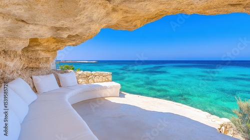 Seaside Haven: An inviting outdoor seating area, nestled within a natural rock formation, offering panoramic views of the turquoise ocean.