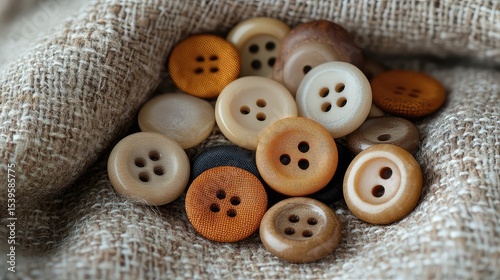Loose buttons on fabric with scattered layout textile detail and soft tone ideal for sewing craft or design visuals