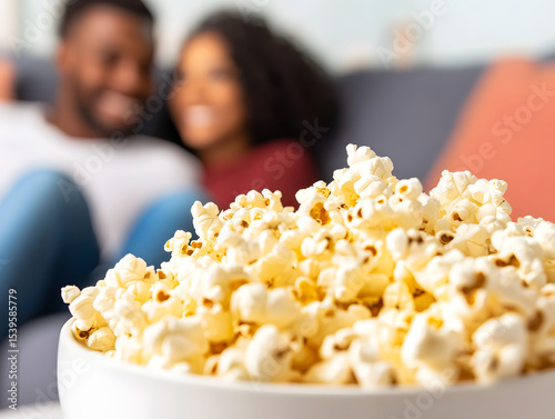 Couple enjoys cozy movie night with popcorn in comfortable living room