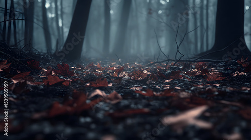 Mysterious misty forest with damp, decayed leaves on ground and foggy atmosphere