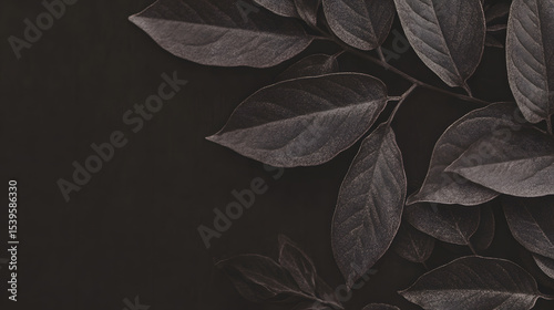 Dark purple leaves on black background, showcasing nature elegance and texture