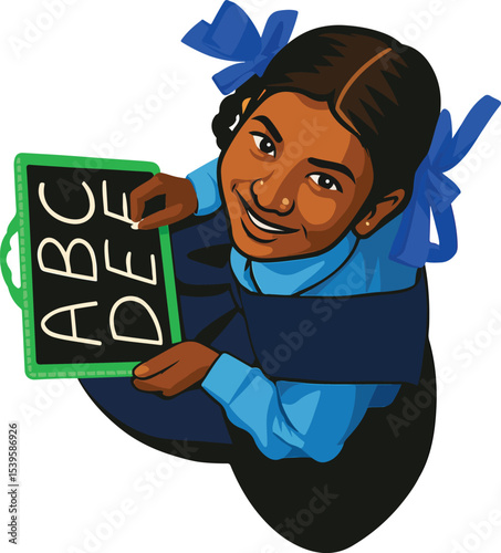 Rural school girl writing in slate vector illustration