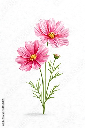 A vintage-style watercolor of light pink cosmos flowers, washed-out tones and softly curling petals, minimal detail with airy composition on textured aged paper