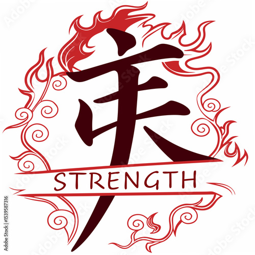 Dramatic Japanese kanji for “Strength” with fire aura and red accent, vector on white.
