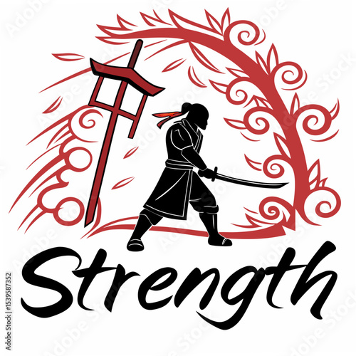 Dramatic Japanese kanji for “Strength” with fire aura and red accent, vector on white.
