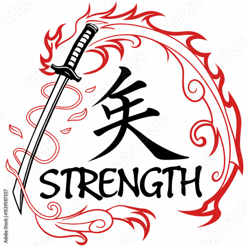 Dramatic Japanese kanji for “Strength” with fire aura and red accent, vector on white.
