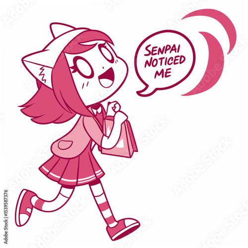 
Cute anime girl with cat ears and speech bubble “Senpai Noticed Me”, vector, white background.