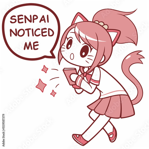 
Cute anime girl with cat ears and speech bubble “Senpai Noticed Me”, vector, white background.