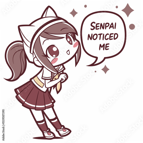 
Cute anime girl with cat ears and speech bubble “Senpai Noticed Me”, vector, white background.