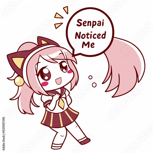 
Cute anime girl with cat ears and speech bubble “Senpai Noticed Me”, vector, white background.