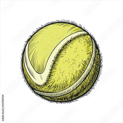 Hand-Drawn Tennis Ball Illustration with Fuzzy Texture and Seams